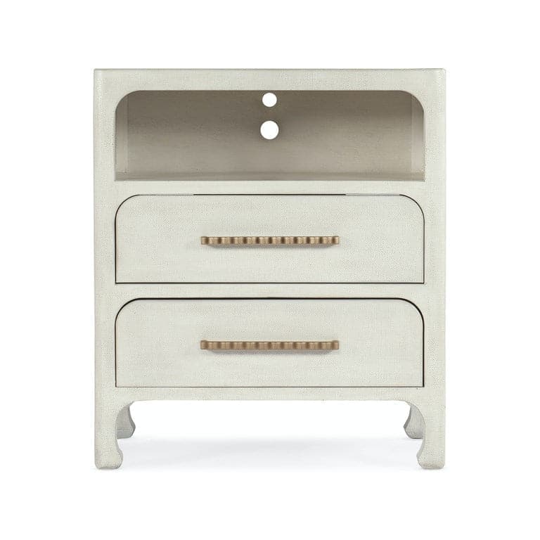 Serenity Nightstand, shown in ivory and cream with wood and faux shagreen.