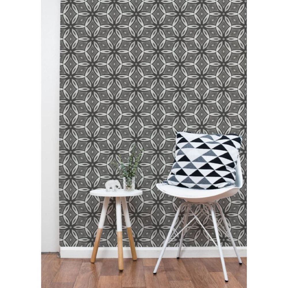 Diamond Mill Wallpaper, shown in charcoal gray and white with wallpaper and full-wall surface covering.