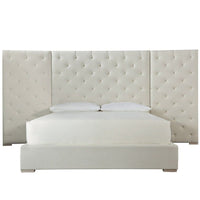Brando King Bed With Panels, shown in ivory and cream with upholstery fabric, wood, and extended multi-panel headboard.