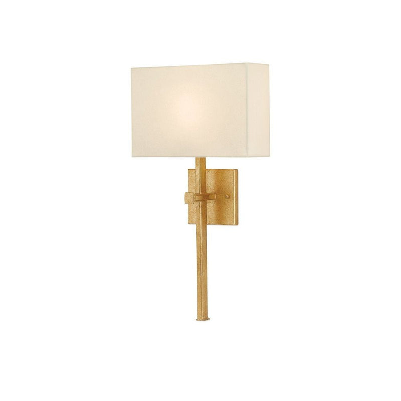 Ashdown Gold Wall Sconce, White Shade, shown in antique gold and cream with metal and fabric.