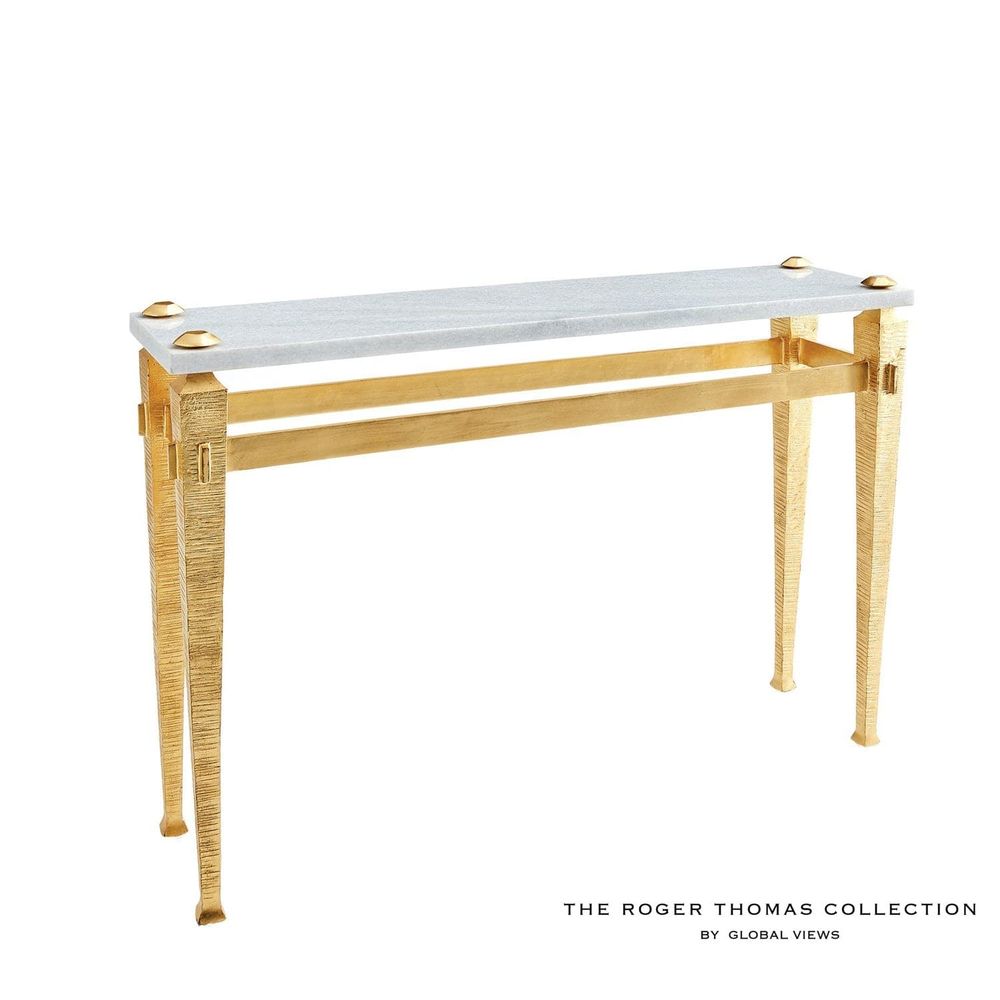 Additional view of Roman Console in silver and champagne gold, featuring wood grain and narrow console footprint.