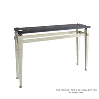 Roman Console, shown in silver and champagne gold with metal, stone, and narrow console footprint.