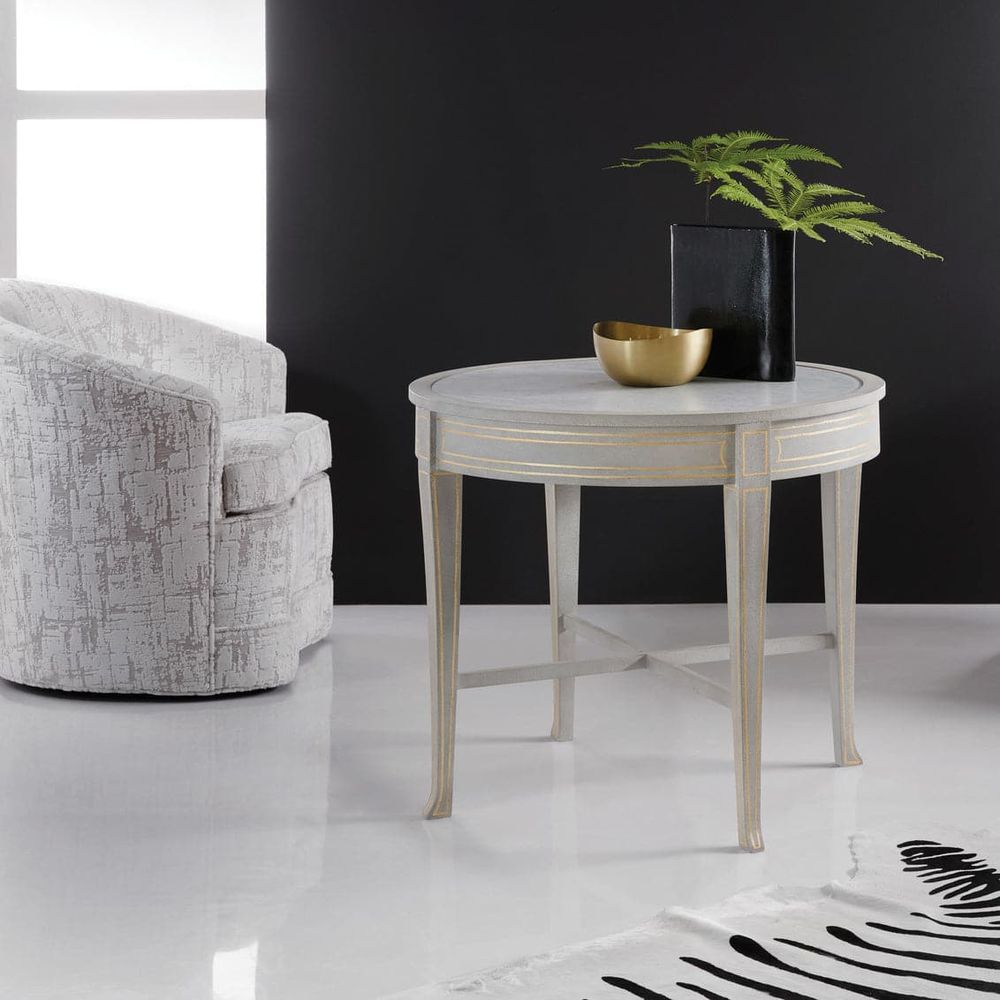 Ryn Round End Table, shown in light gray and soft ivory with wood and fixed round tabletop.