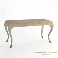 Paris Desk, shown in light taupe and warm gray-beige with wood, metal, and integrated center drawer.