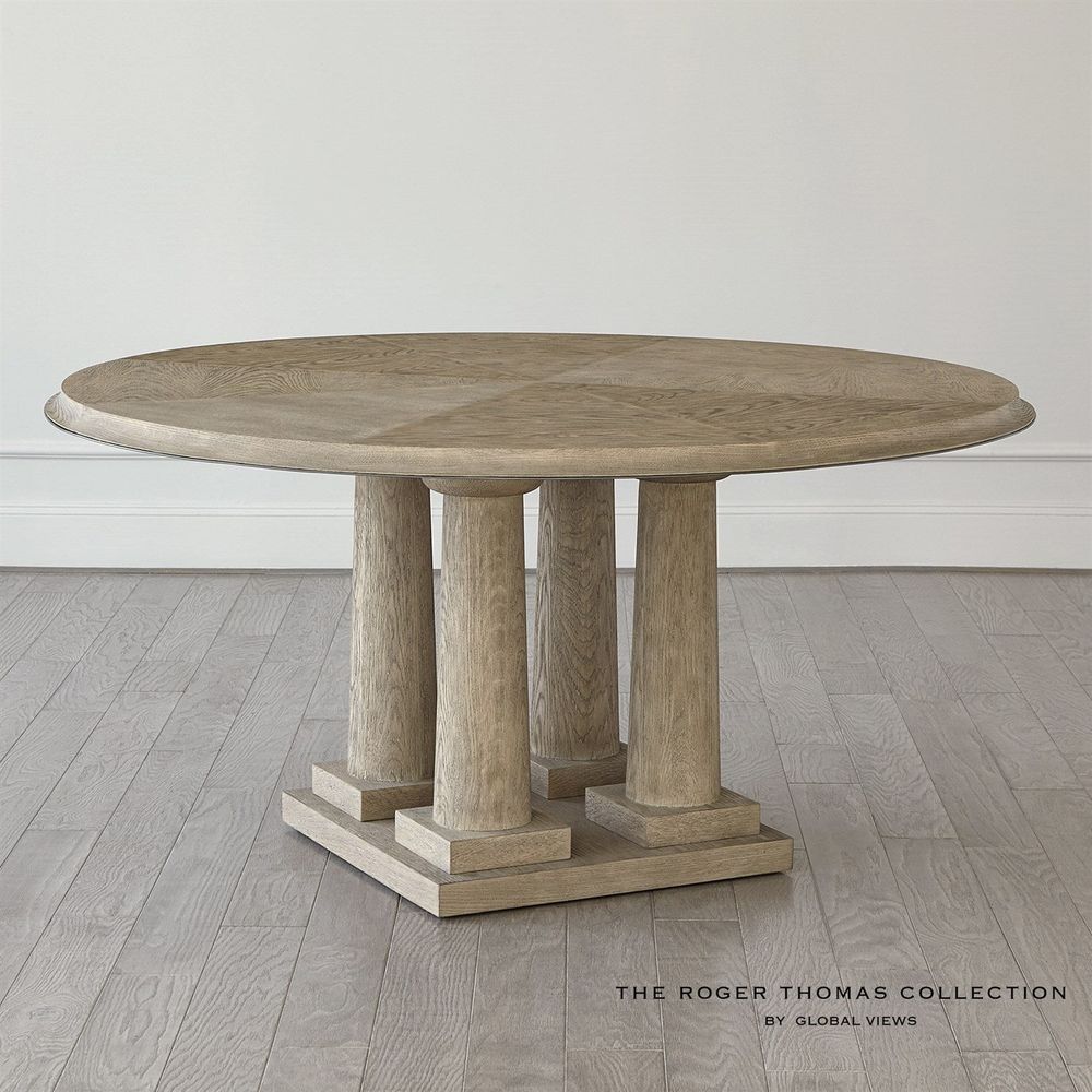 Titian Dining Table, shown in light taupe and charcoal gray with oak wood, wood veneer, and fixed multi-column pedestal base.