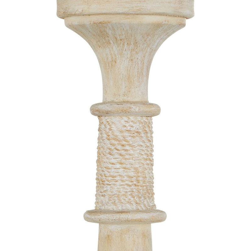 Alternate view of Aleister Chandelier, featuring distressed, wood, rope, and chain-hung ceiling suspension.