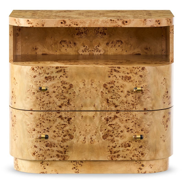 Bradford Nightstand, shown in honey blonde and warm amber with burl wood veneer, brass, and open upper display/storage niche.