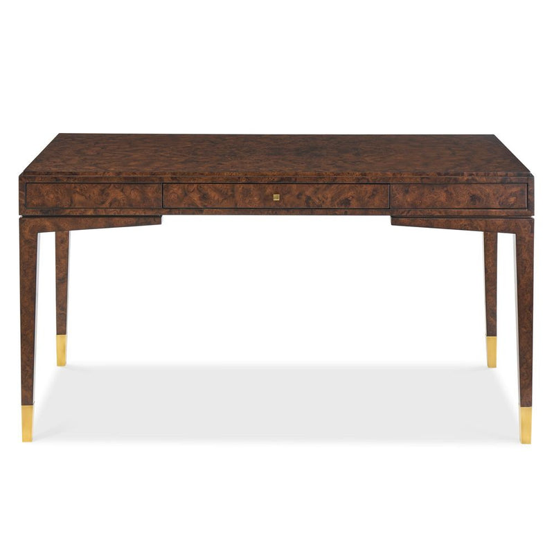 Burl Majesty Writing Desk, shown in dark brown and rich walnut brown with burl wood veneer and hardwood.
