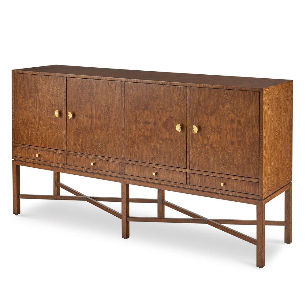 Alternate view of Corvino Four-Door Sideboard in medium walnut brown and brass gold.