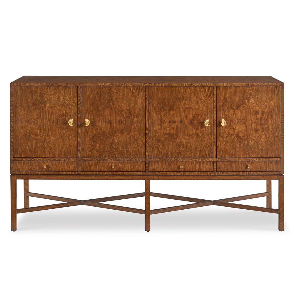Corvino Four-Door Sideboard, shown in medium walnut brown with wood veneer, solid wood, and four cabinet doors.