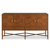 Corvino Four-Door Sideboard, shown in medium walnut brown with wood veneer, solid wood, and four cabinet doors.