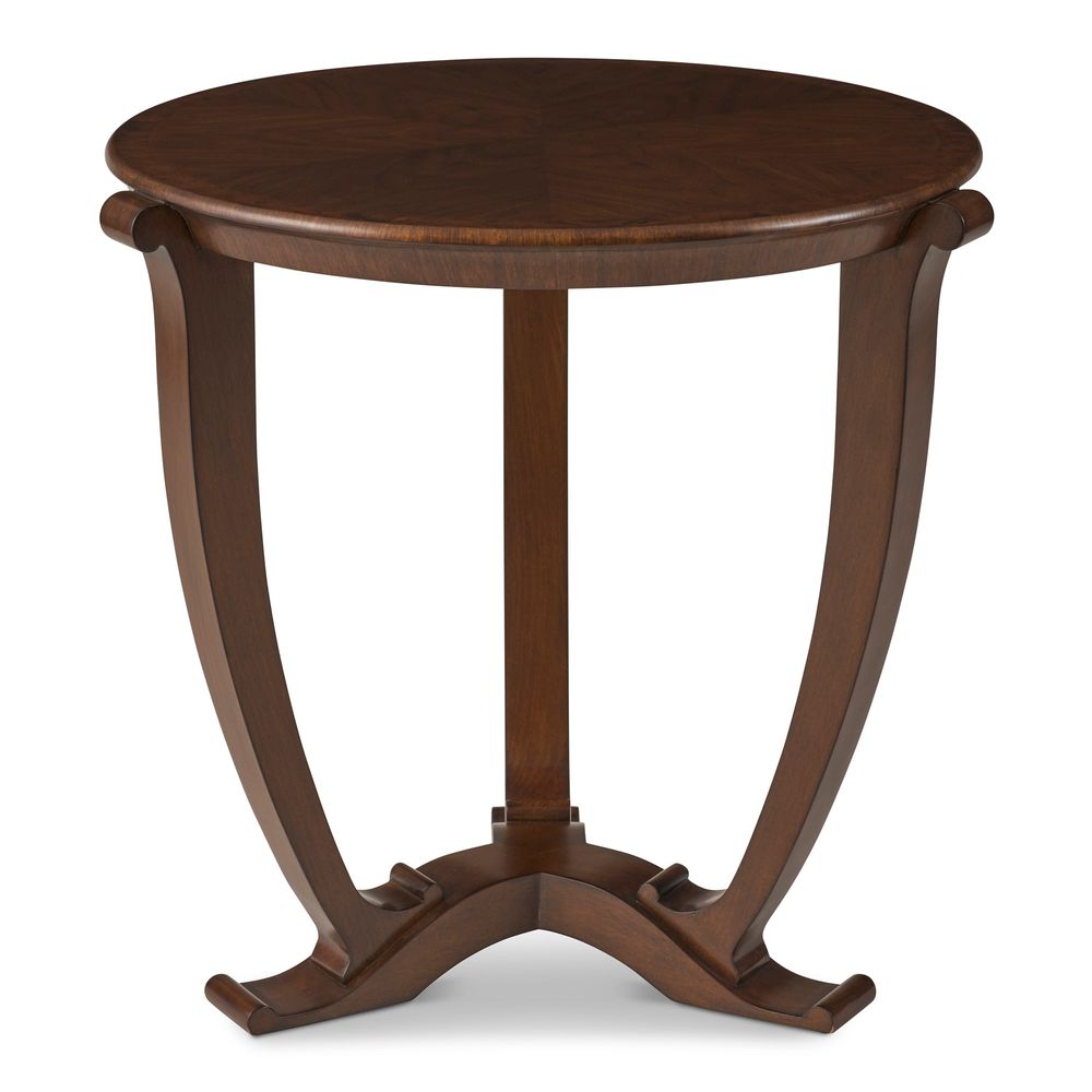 Selene End Table, shown in dark brown and walnut brown with wood, wood veneer, and fixed round tabletop.