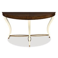 Eloise Console Table, shown in dark walnut brown and ivory cream with wood veneer, solid wood, and wall-oriented flat back.