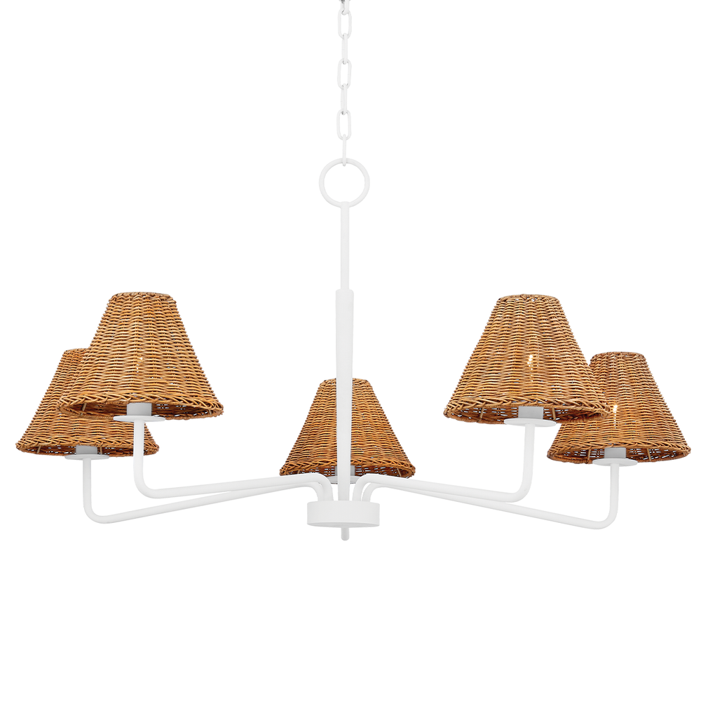 Alternate view of Issa 5 Light Chandelier, featuring matte painted finish, rattan, metal, and chain-hung ceiling suspension.