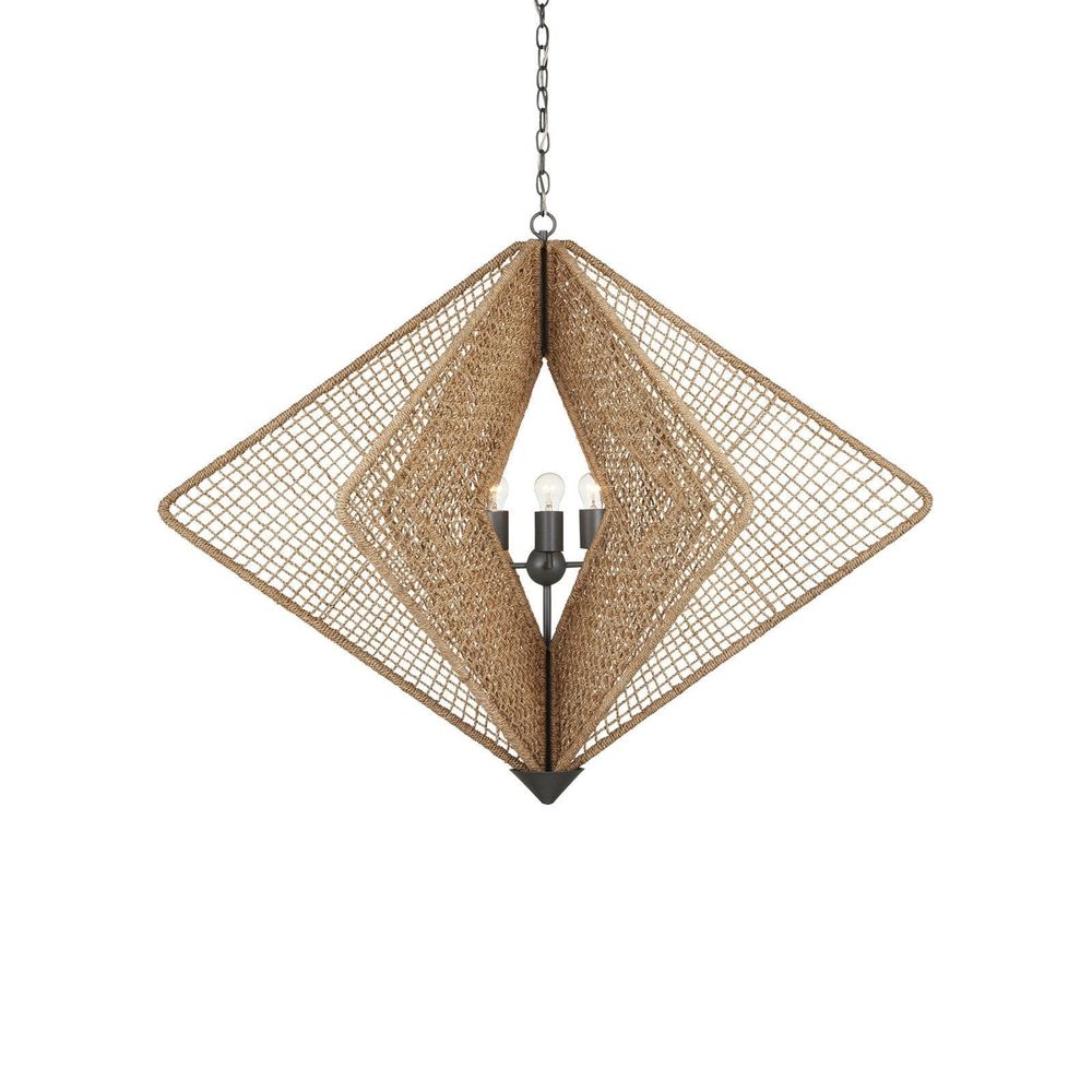 Shizen Chandelier, shown in natural tan and matte dark gray with abaca rope, wrought iron, and chain-hung ceiling suspension.