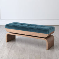 Alternate view of Ives Bench, featuring soft pile upholstery, velvet fabric, wood, and fixed bench seating.