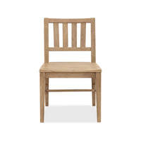 Driftwood Splatback Side Chair, shown in light natural wood and beige-tan with wood and fixed four-leg base.