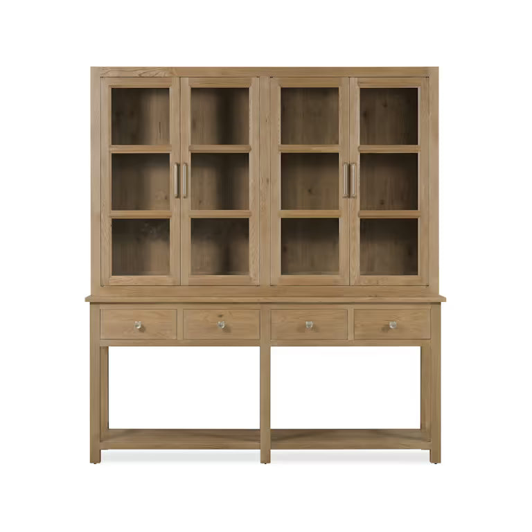 Driftwood Display Sideboard, shown in light natural wood and warm beige-tan with solid wood and wood veneer.