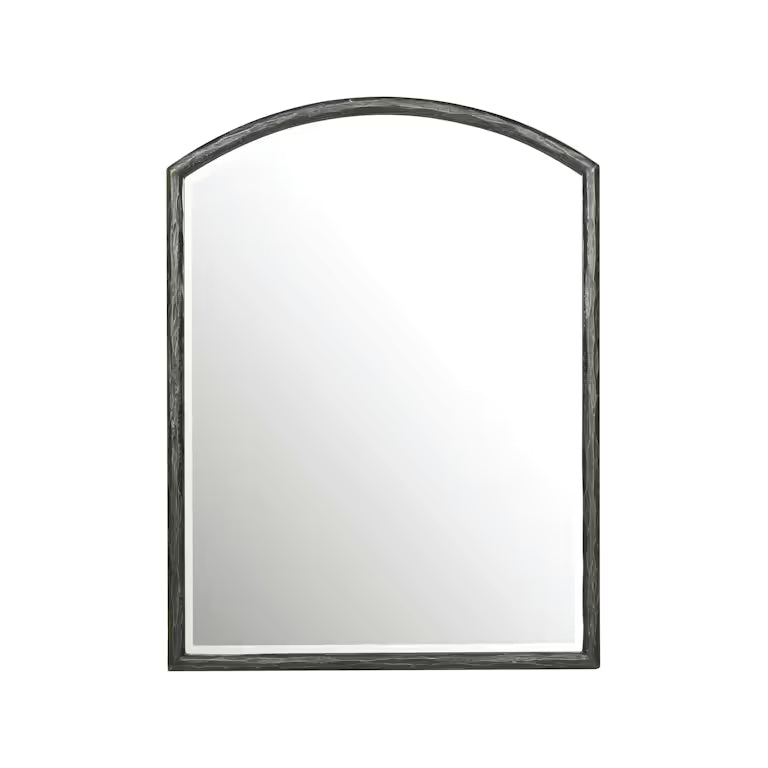 Driftwood Vertical Mirror, shown in charcoal gray and weathered black with wood and glass mirror.
