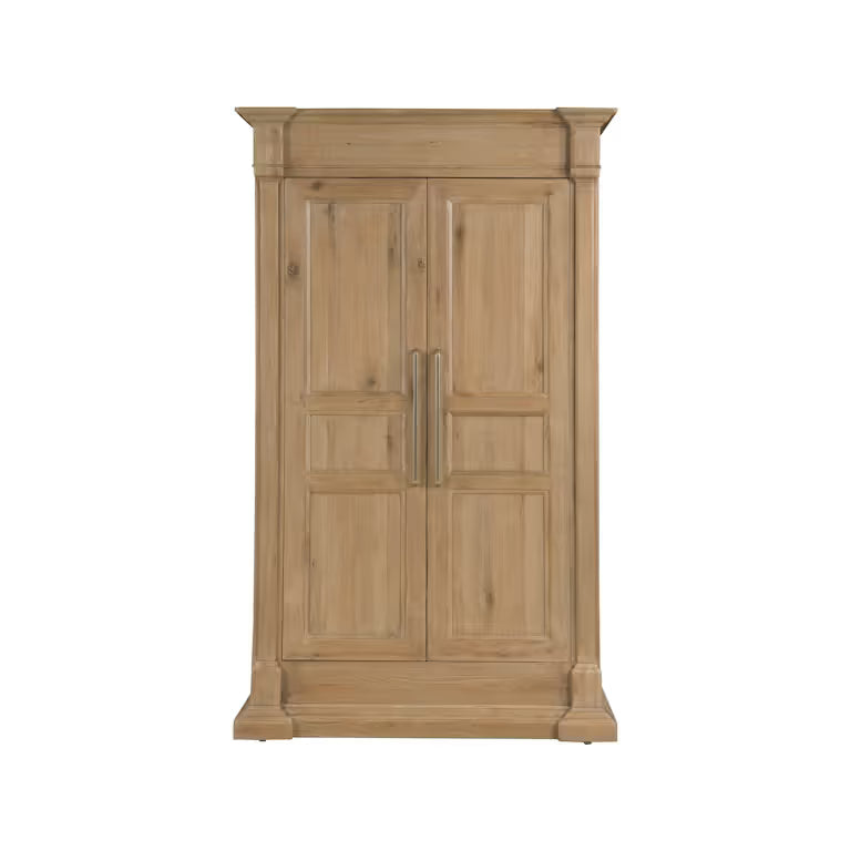 Driftwood Wardrobe, shown in light natural wood and beige-tan with wood, metal, and double hinged doors.