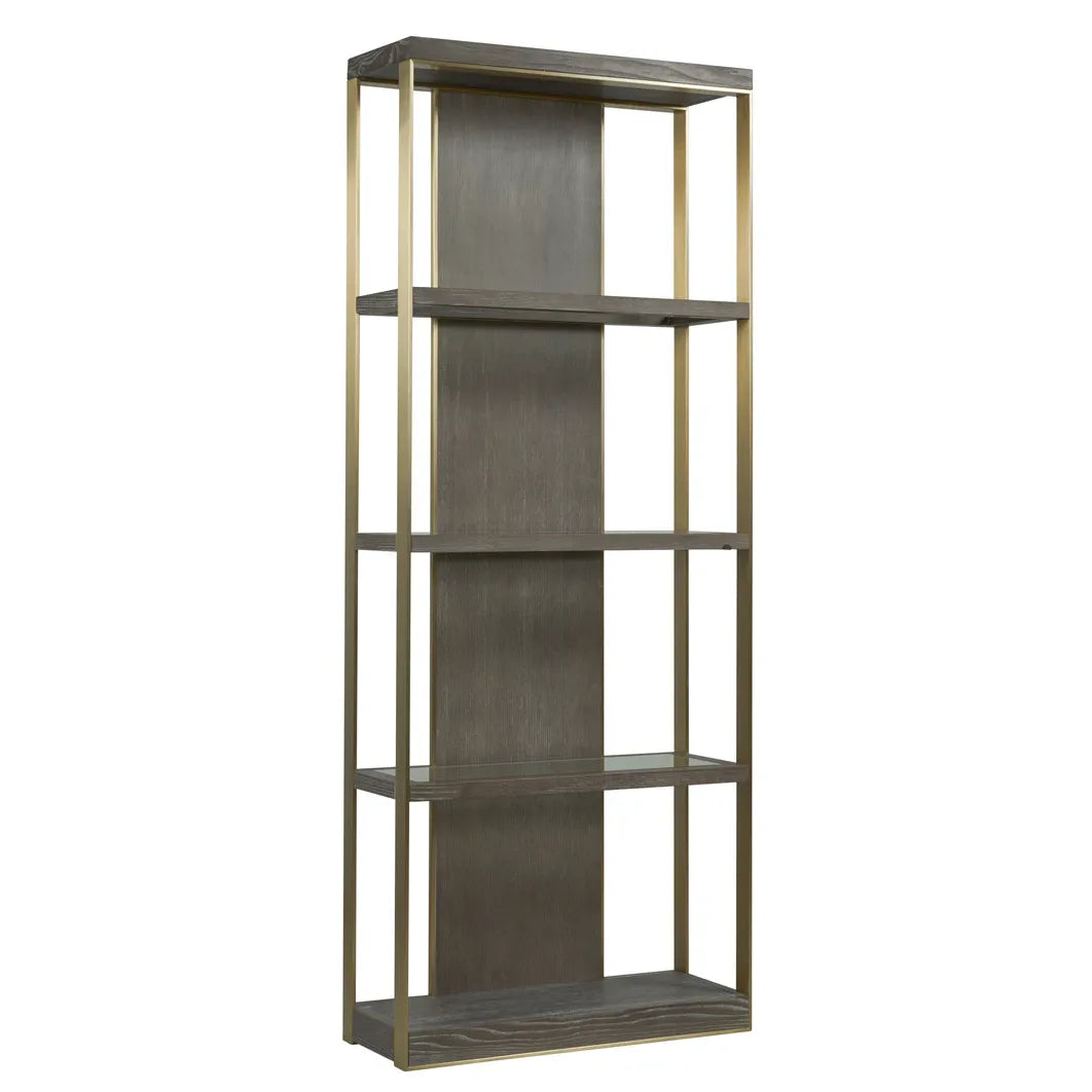 Additional view of Libby Langdon Wesley Etageré, featuring clear glass finish, wood, metal, and open multi-tier shelving.