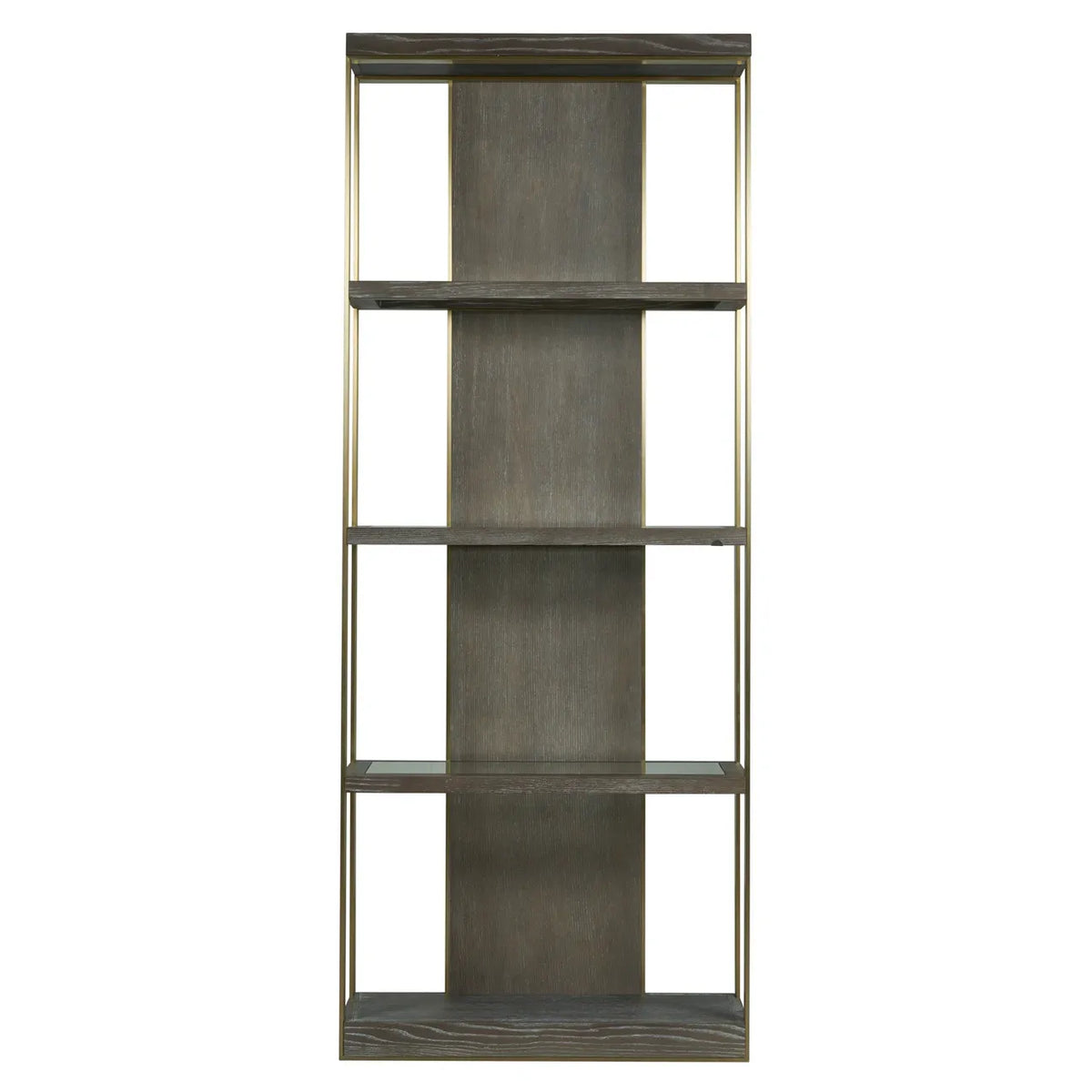 Libby Langdon Wesley Etageré, shown in dark gray-brown and brushed gold with wood, metal, and open multi-tier shelving.