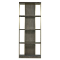 Libby Langdon Wesley Etageré, shown in dark gray-brown and brushed gold with wood, metal, and open multi-tier shelving.