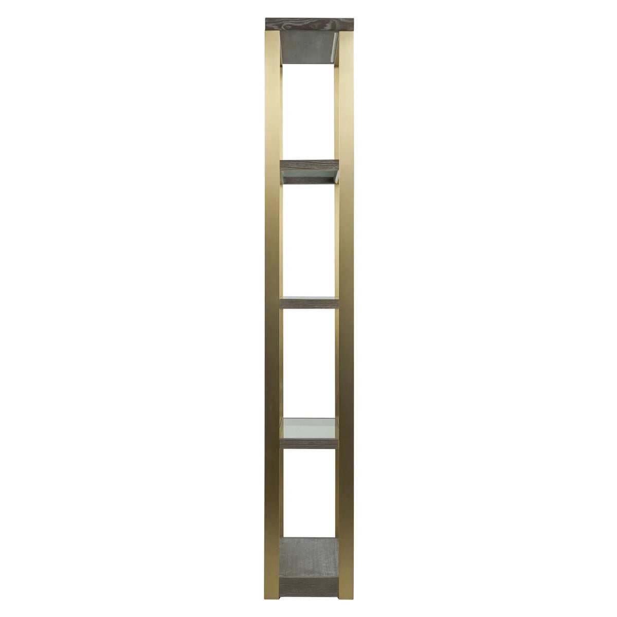 Alternate view of Libby Langdon Wesley Etageré, featuring clear glass finish, wood, metal, and open multi-tier shelving.