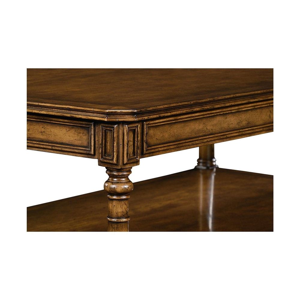 Additional view of Victorian style walnut coffee table in walnut brown and warm medium brown.
