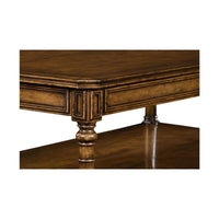 Additional view of Victorian style walnut coffee table in walnut brown and warm medium brown.