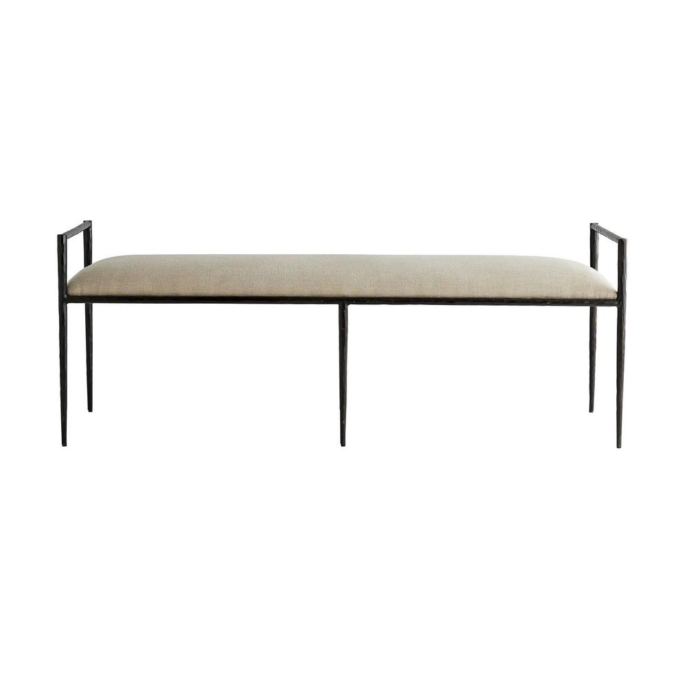 Beckett Bench, shown in beige and black with linen, iron, and fixed low arm frames at both ends.