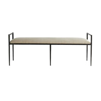 Beckett Bench, shown in beige and black with linen, iron, and fixed low arm frames at both ends.
