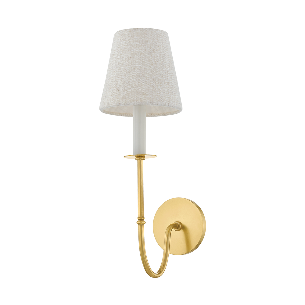 Amina Wall Sconce, shown in brass gold and ivory with brass, fabric, and a wall-mounting circular backplate.
