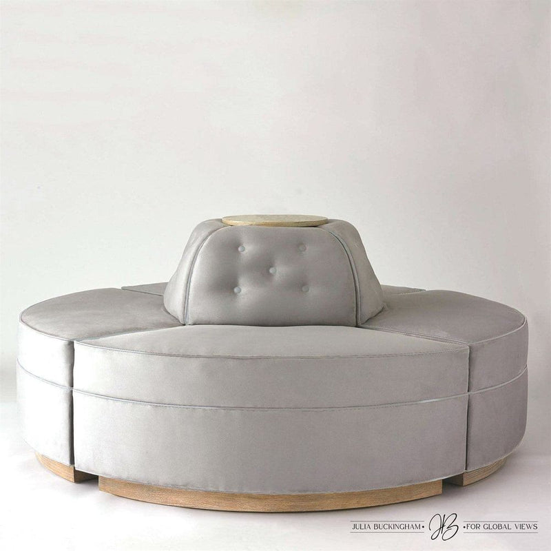 Conversational Rondel, shown in light gray with upholstery fabric, wood, and modular quarter-section construction.