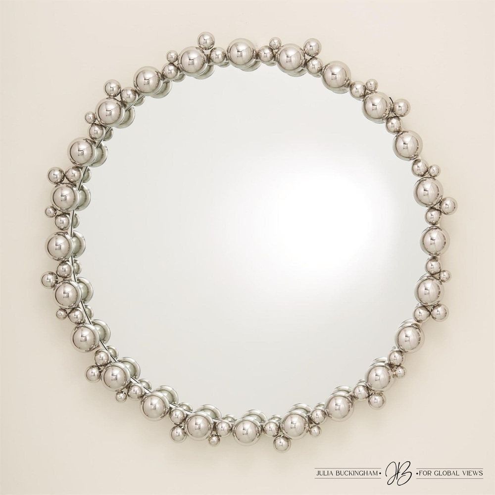 Bubble Mirror, shown in nickel silver and chrome with metal, glass, and wall-mounted round mirror.