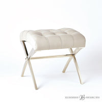 Scarlet Stool, shown in ivory and cream with leather, metal, and fixed x-base frame.