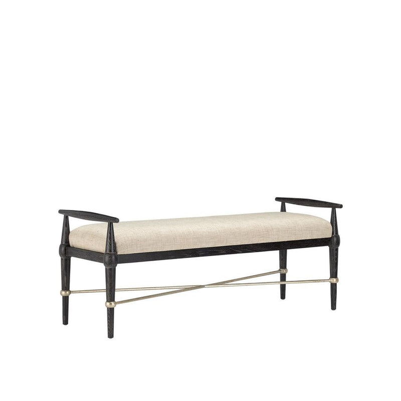 Perrin Black Bench, Finn Natural, shown in ebony black and natural beige with oak wood and linen-polyester fabric.