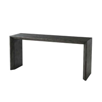 Jayson Console Table, shown in charcoal and dark gray with wood veneer, hardwood, and a open freestanding base.