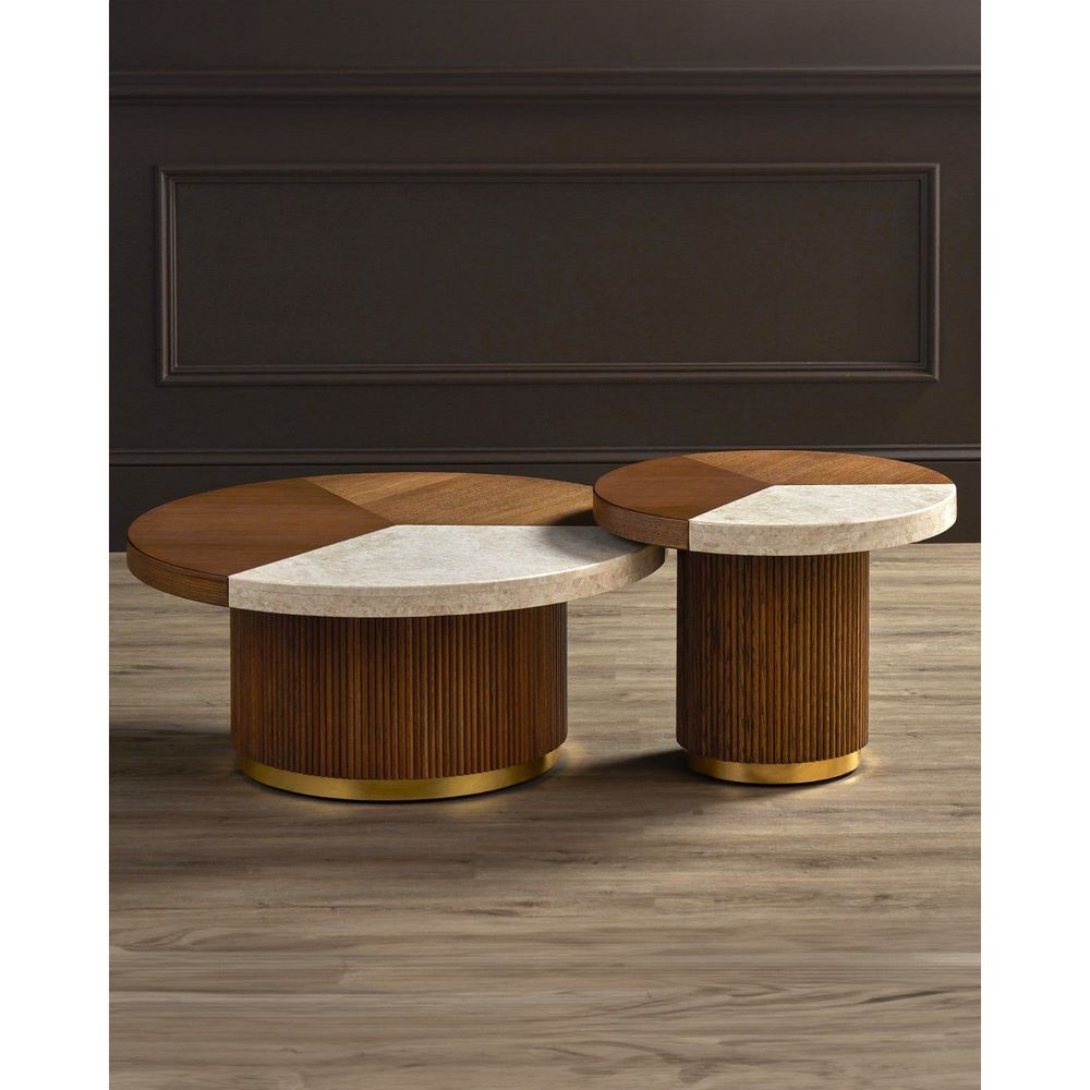 Alternate view of Dakota Large Cocktail Table, featuring fluted finish, wood, stone, and fixed cylindrical pedestal base.