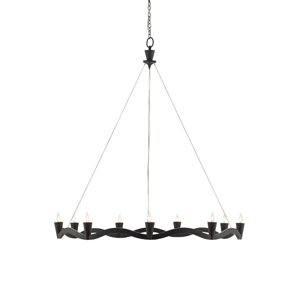 Serpentina Black Chandelier, shown in black with wrought iron, metal, and ceiling chain-and-cable suspension.