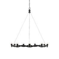 Serpentina Black Chandelier, shown in black with wrought iron, metal, and ceiling chain-and-cable suspension.
