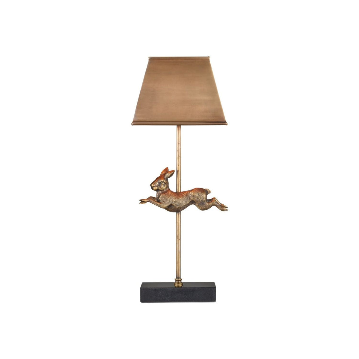 Patter Table Lamp, shown in antique brass and black with brass, marble, and a freestanding weighted marble base.
