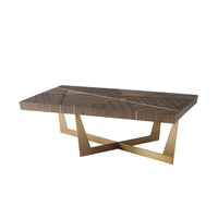 Calais Rectangular Cocktail Table, shown in medium brown and warm brass gold with wood veneer and brass.