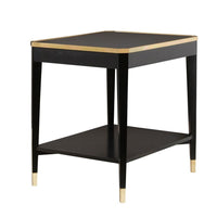 Wilson End Table-Ebony, shown in black and ebony with wood, metal, and open lower shelf for storage or display.