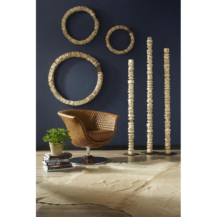 Alternate view of Frolic Sculptures, featuring matte black base, wood, metal, and freestanding floor sculptures.