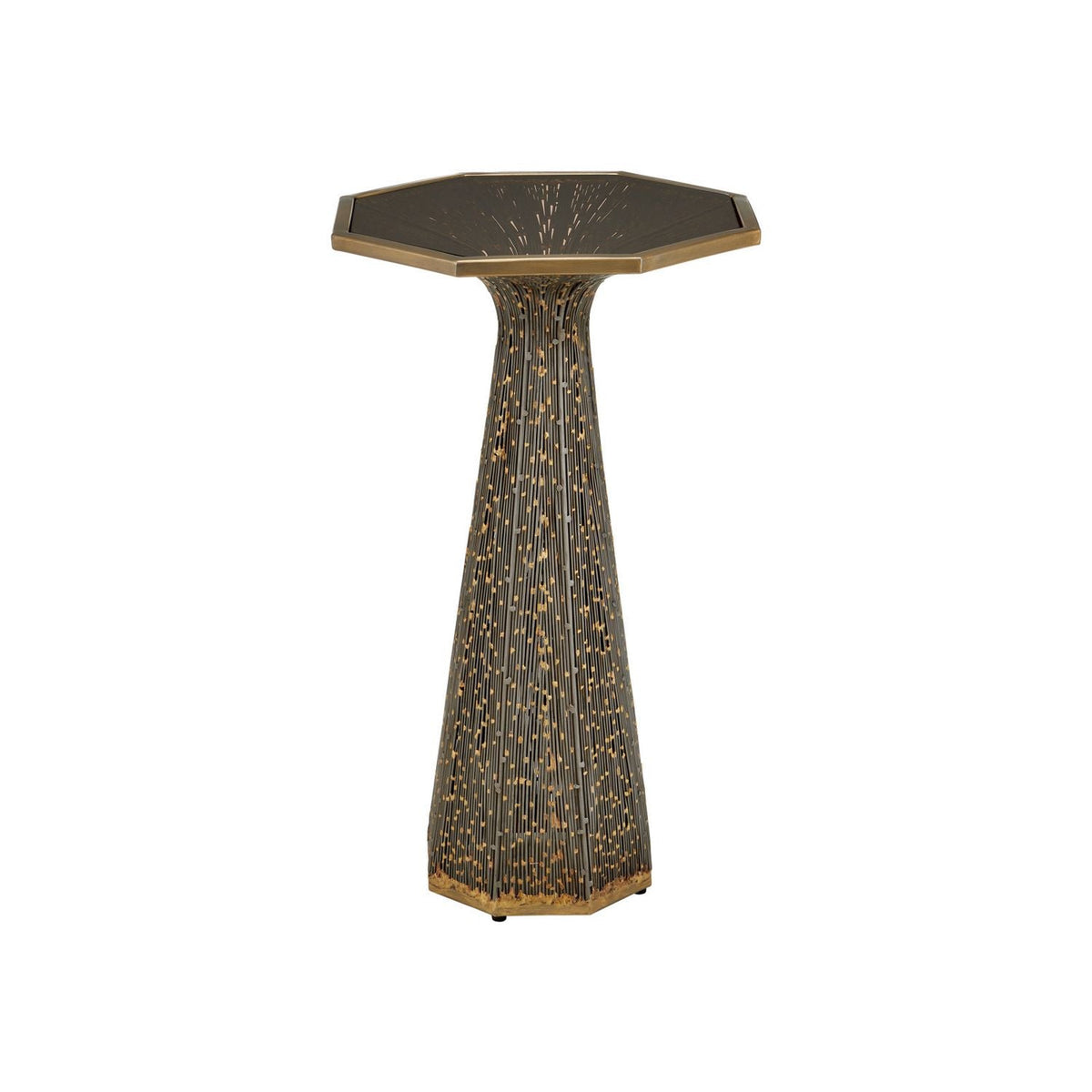 Castor Accent Table, shown in dark bronze-gray and antique gold with metal, brass, and a compact octagonal top surface.