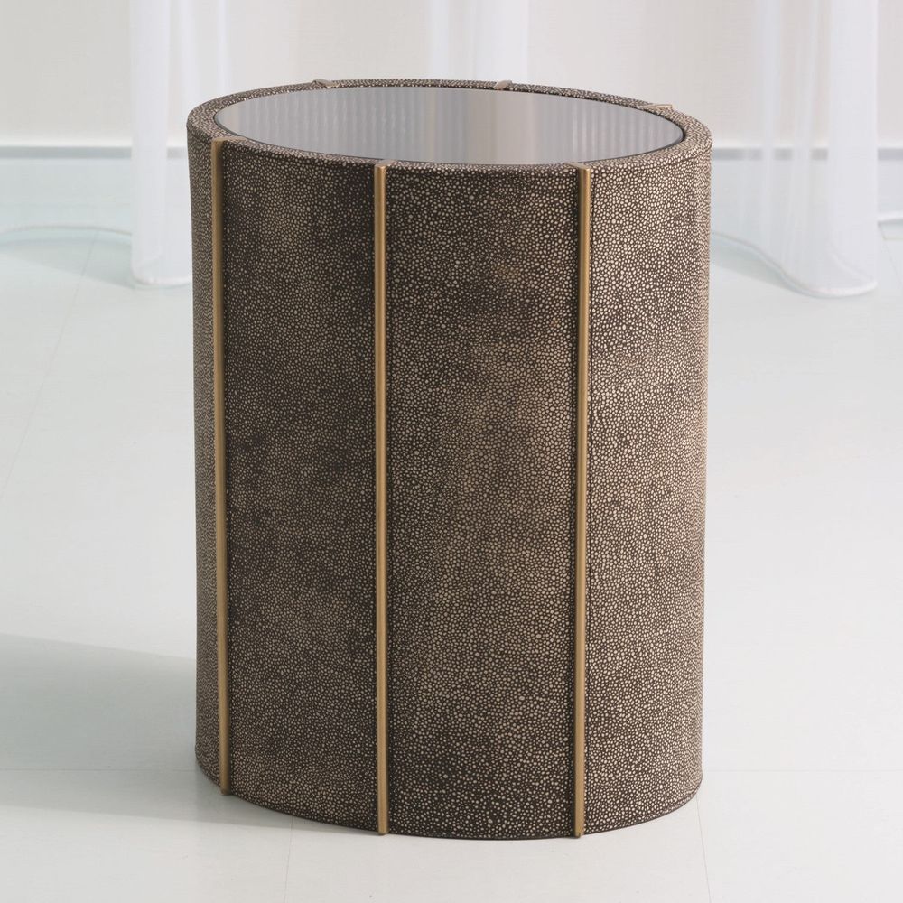 Alternate view of Churchill Oval Drum Table, featuring textured pebbled finish, shagreen, brass, and a solid drum base.