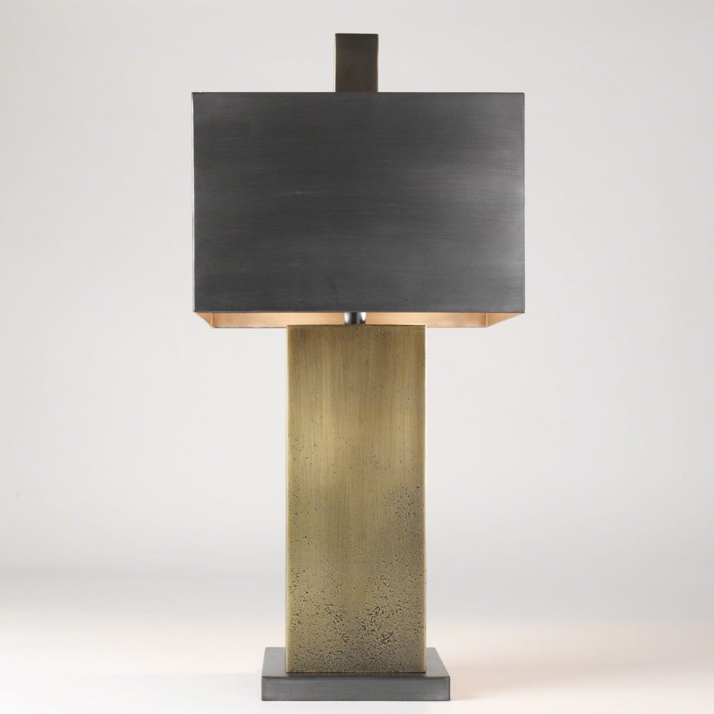 Tortoise Square Lamp, shown in antique brass and charcoal gray with metal and fabric shade.