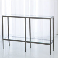 Additional view of Laforge Console in gray and antique brass, featuring antiqued finish and two-tier glass shelving.