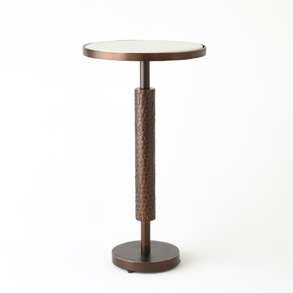 Hammered Martini Table, shown in antique bronze and brushed nickel with metal, stone, and a pedestal base.